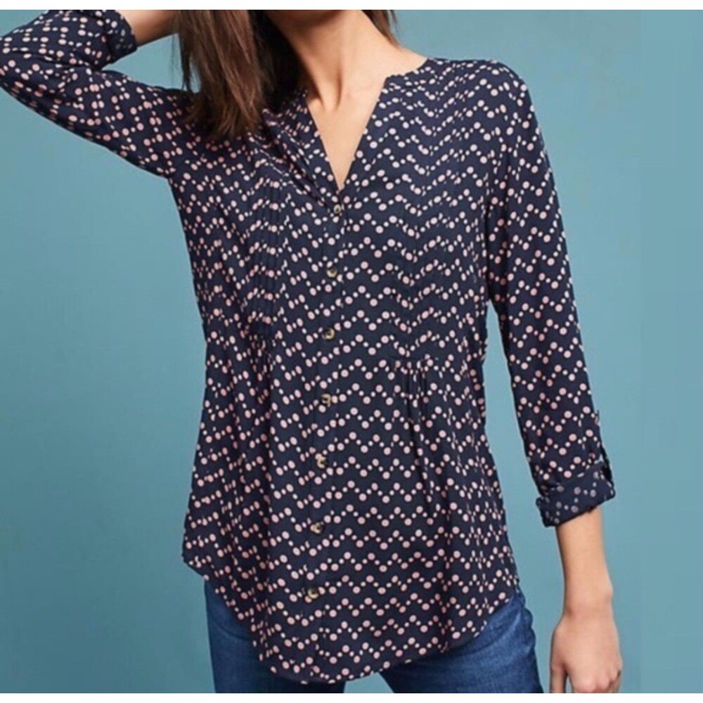 Women's Maeve Anthropologie Pin Tuck Polka Dot Blouse Navy Pink Medium